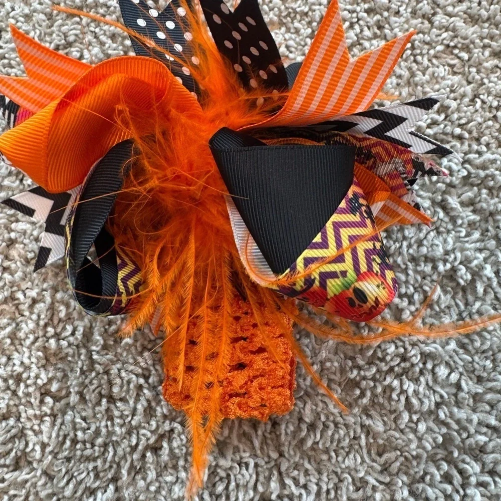Baby girls halloween headband Orange and Black Hair Bow with Feathers festive